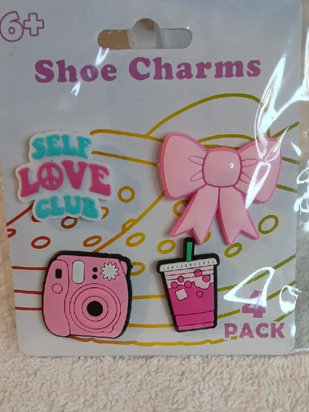 Pink Shoe Charms 4-Pack – Self Love Club Bow, Camera & Drink